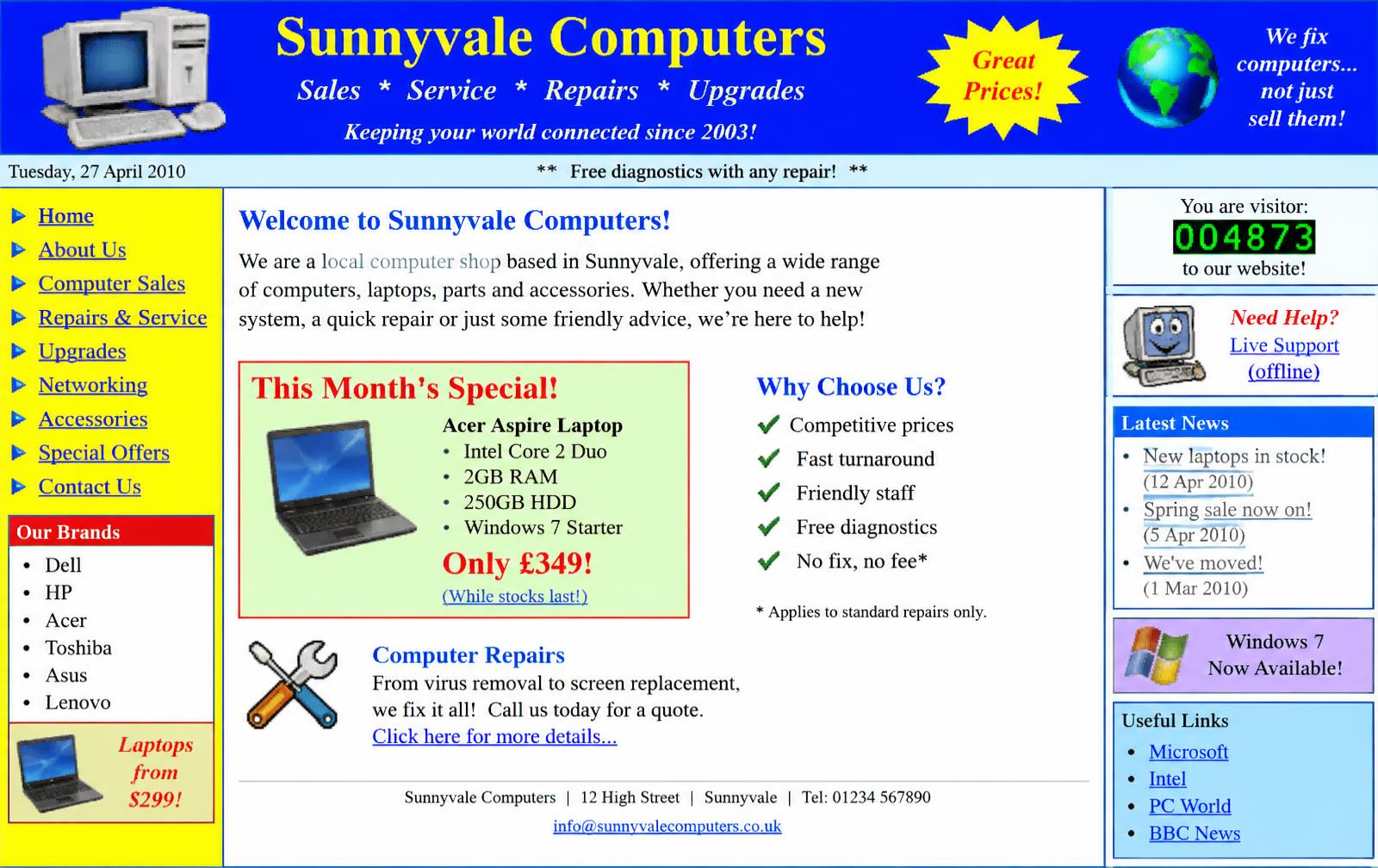 Old website: cluttered, dated layout with clashing colours