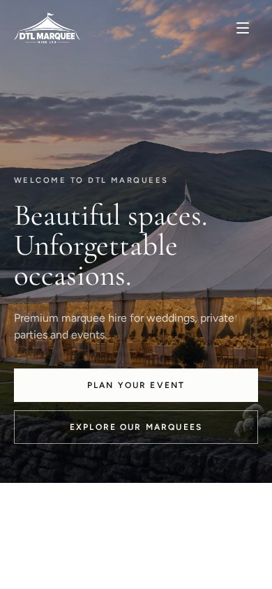 DTL Marquees website at mobile size