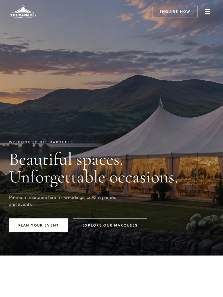 DTL Marquees website at tablet size